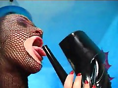 Black fishnet and strapon and squirting