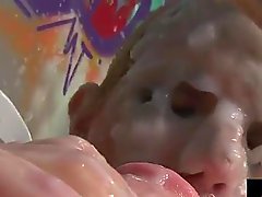 Hot blonde gets her face covered in cum