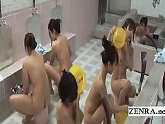 Kinky Japanese bathhouse blowjob with busty milf crowd