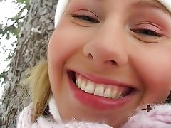 Horny girl fucking snow dildo