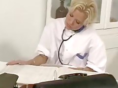 blond nurse used  by two cocks