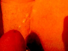 Wife jerking me off and cum shot on her pussy 