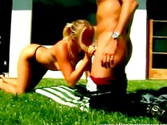 Licking and finger fucking a horny blonde outdoors