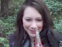 Cute girl Kitty flashes her tits in the woods 