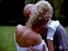 Naughty bride taken outdoors by two guys