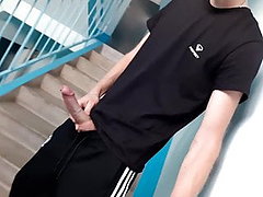 skinny russian lad wanks and cums in trackies 