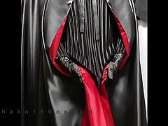 masturbation with black satin pleated one-piece dress