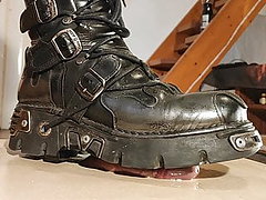 Slave boy enjoy cock stomping in leather boots POV 