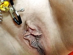 Clit and nipple clamps testing,close-up GILF creampie .!.