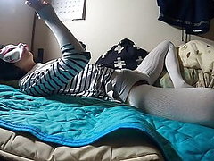 Having fun jerking off on dildo with white clothes -17 May-