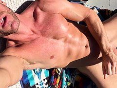 masturbating solo, muscled, climax, outdoor
