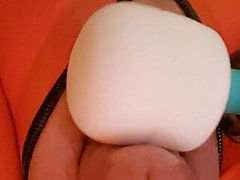 cock milked with wand massage stick in Latex