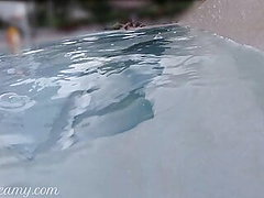 Teen fingers my pussy in a public pool in front of 