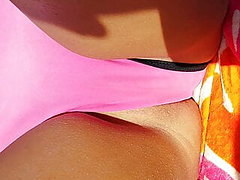 Bikini slip Gf at pool opens legs shows 