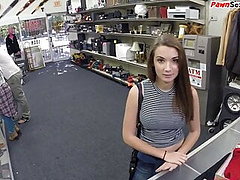 Brunette sexy petite babe goes to the pawnshop for some sex 
