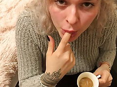 Blonde slut drinks COFFEE with CUM 