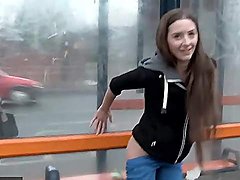 Beautiful girl has fun playing in public 