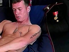 Naked military guy jerks off and cums 