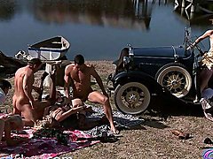 Old timey costumes on sluts fucking in an outdoor gangbang 