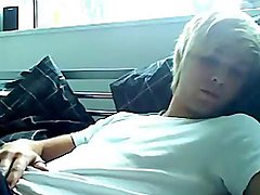 Skinny blonde twink jerks off in bed