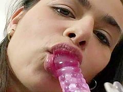 Close-up blowjob sucking with sexy brunette 