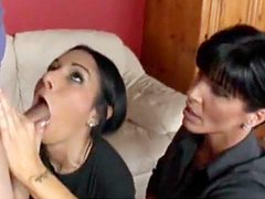 Mom helps daughter to blow cock