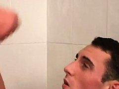 Cock tugged twink barebacked in shower 