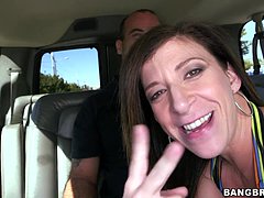 backseat blowjob, big-tits, bus, brunette