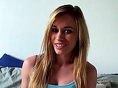 Blonde teen talks naughty and strips solo 