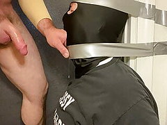Immobilized faggot getting throat fucked by straight 