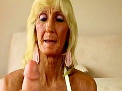 mature granny, handjob, cumshot