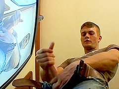 Muscular gay is wanking his hard dick 