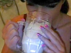 drinking bathroom, cumshot, natural-boobs, cum