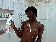 Black girl pisses and showers in the bathroom 