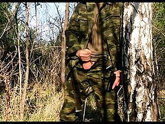 Russian SOLDIER in the forest JERKING off a military dick 