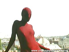 Horny angie in red spandex suit
