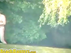 Spying on a horny blonde in outdoor 
