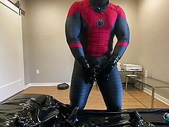 Rubber Spiderman cum in the rubber toesock 